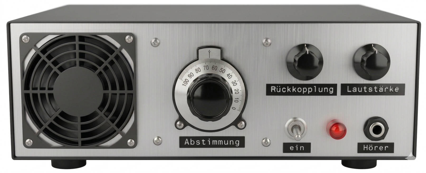 Frontansicht eines selbst gebauten Audionempfängers mit zwei Röhren (Doppeltrioden)