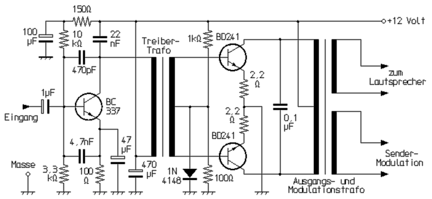 Mit Silizium-Transistoren bestückter Parallel-Gegentakt-Verstärkers mit Treiber- und Ausgangs-Transformator (Schaltbild)