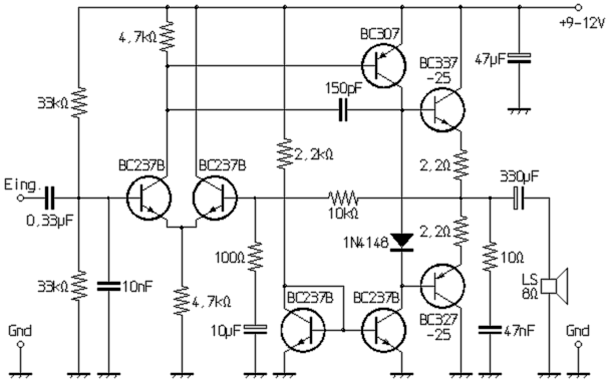 Gegentakt-Komplementär-Verstärker ohne Ruhestrom (Schaltbild)