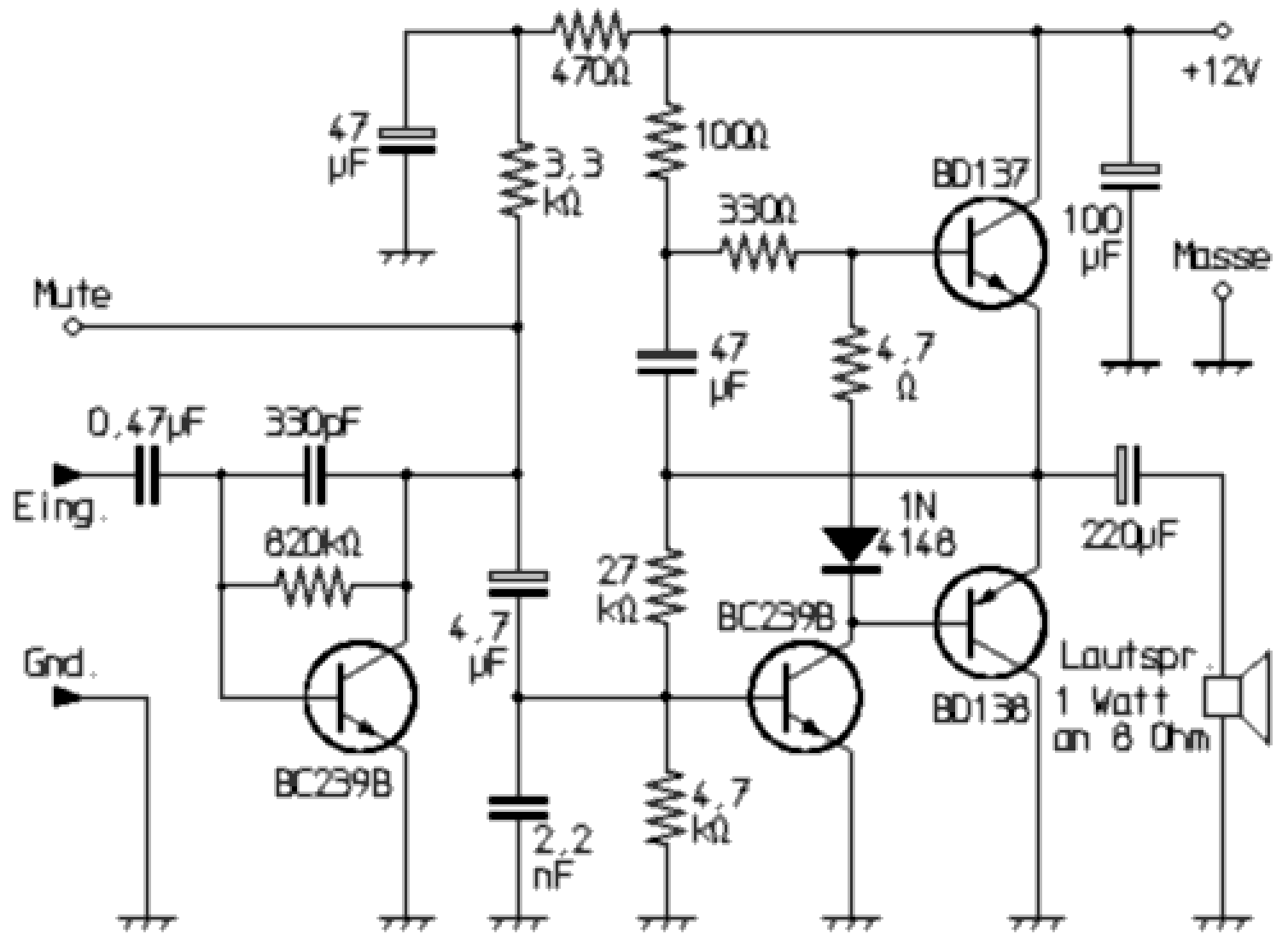 Direkt gekoppelter Verstärker mit Komplementär-Gegentaktendstufe ohne Transformator (Schaltbild)