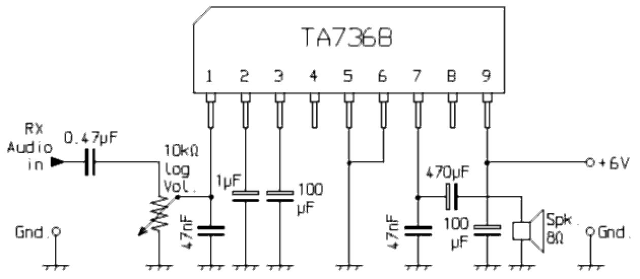 Audioverstärker für ein Funkgerät oder einen Funkempfänger mit einem integrierten Schaltkreis TA7368 (Schaltbild)