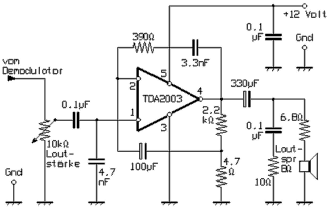 Verstärker für Lautsprecher-Betrieb oder Modulation mit einem integrierten Schaltkreis vom Typ TDA2003 (Schaltbild)