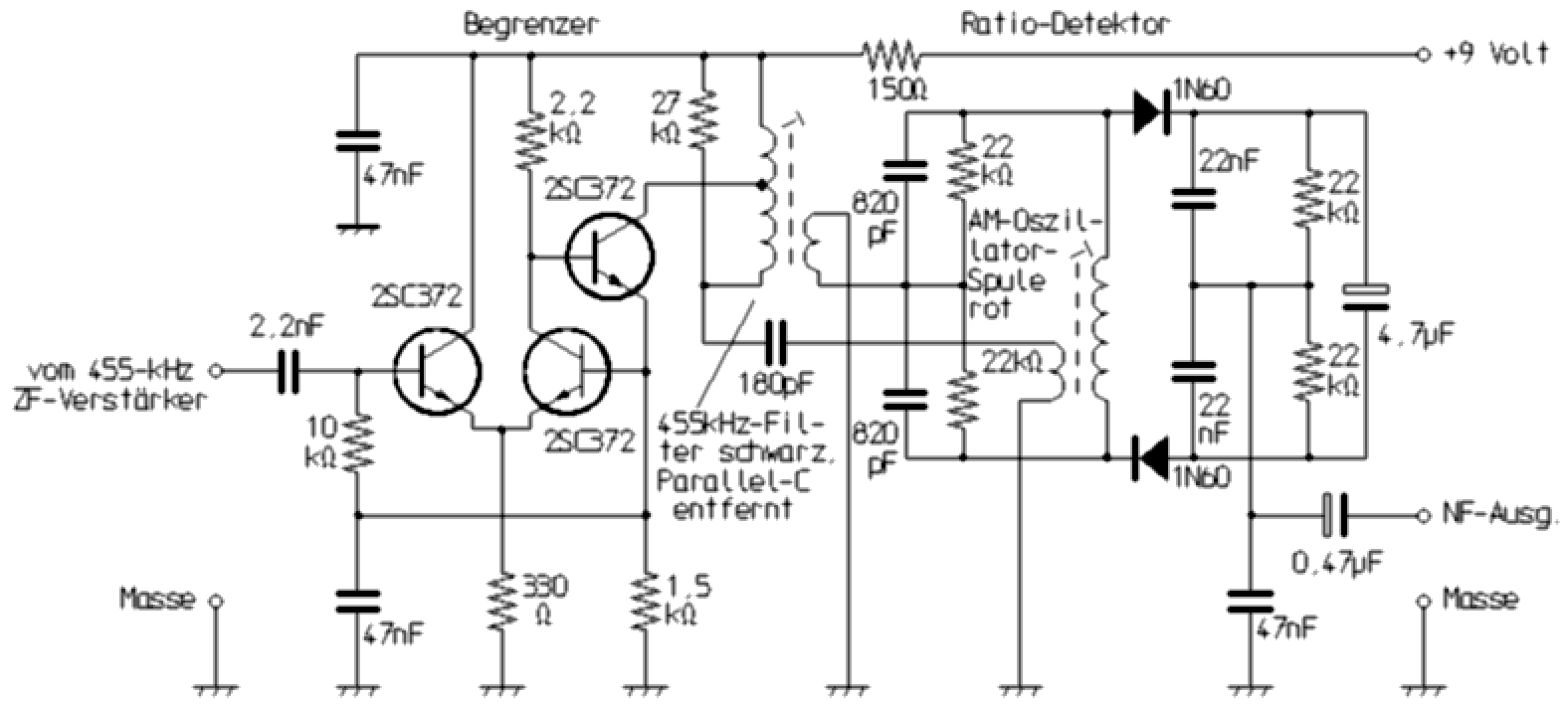 Schaltbild eines klassischen Ratiodetektors zur FM-Demodulation. Ebenfalls kommt hier eine AM-Oszillatorspule zum Einsatz.