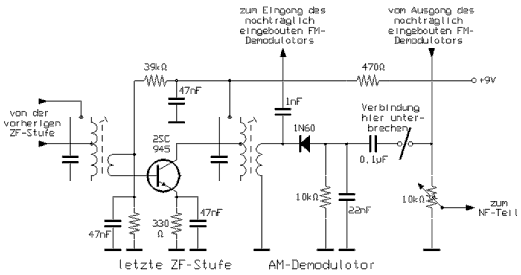 Schemazeichnung, die erklärt, wie ein nachträglich eingebauter FM-Demodulator im vorhandenen Empfänger angeschlossen wird.