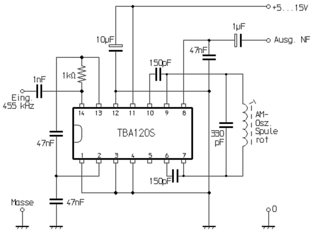 Schaltbild eines Demodulators für Schmalband-Frequenzmodulation mit einem Schaltkreis vom Typ TBA120(S) unter Verwendung einer AM-Oszillatorspule.