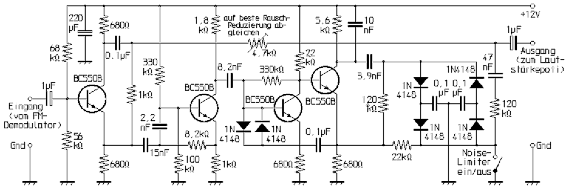 Schaltplan eines für Sprechfunk-Audiofrequenzen geeigneten Dynamic Noise Limiters (DNL).
