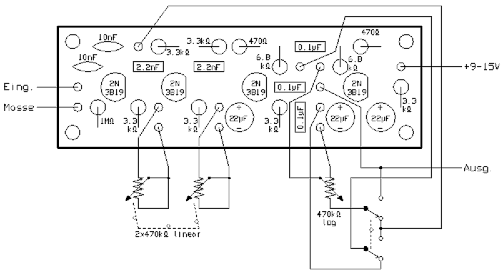Bestückungs- und Verdrahtungsplan für das NF-Selektiv- und Kerb- bzw. Notchfilter.