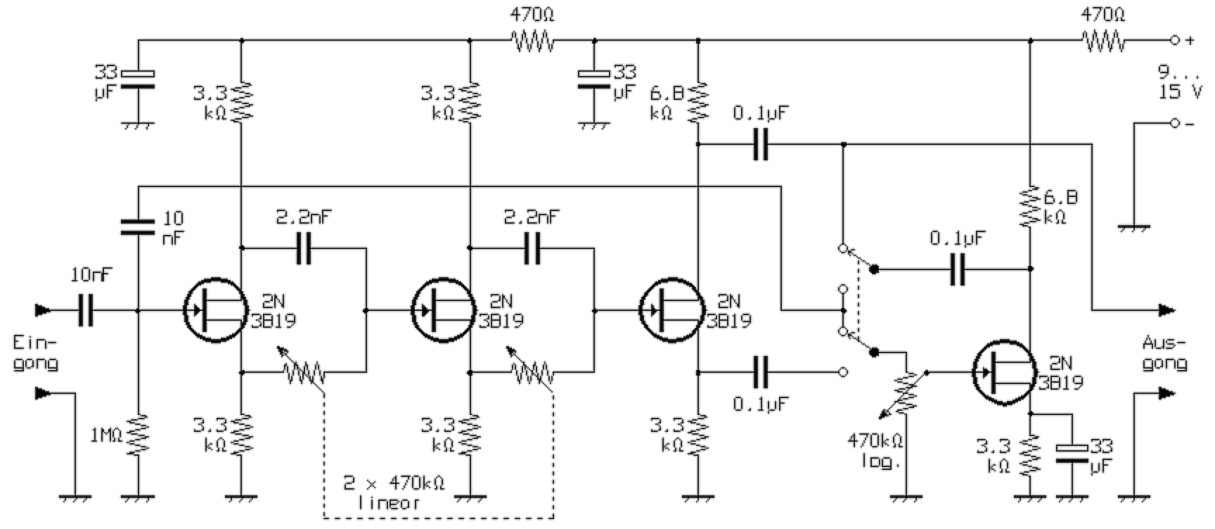 Schaltplan eines umschaltbaren NF-Selektiv- und Kerb- bzw. Notchfilters zur Verbesserung des KW-Empfangs.