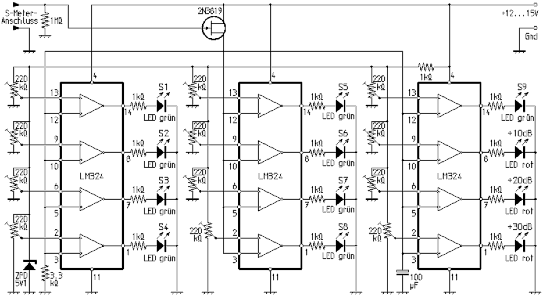Schaltplan eines eichbaren S-Meters mit LED-Balkenanzeige unter Verwendung von Vierfach-OPs.