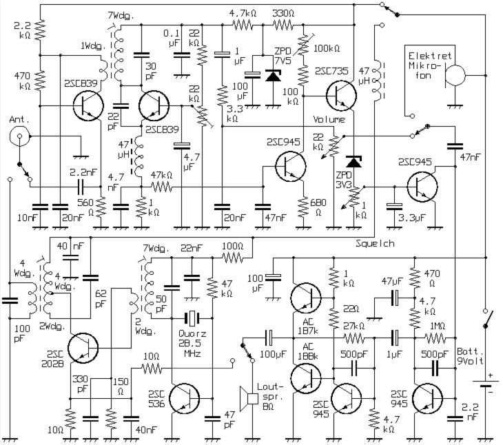 Schaltplan eines Selbstbau-Funkgerätes mit Pendelempfänger und zweistufigem Sender