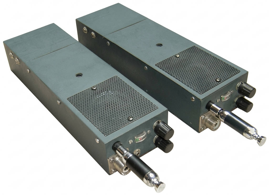 Zwei fertig aufgebaut Selbstbau-Handfunksprechgeräte nebeneinander