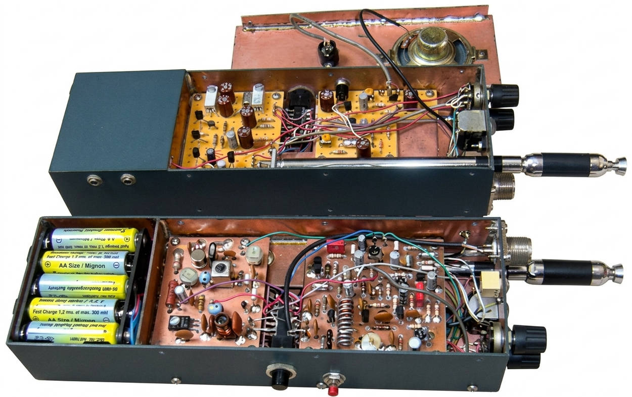 Das Innere zwei gleichartiger Selbstbau-Handfunkgeräte mit den Platinen für Sender und Empfänger