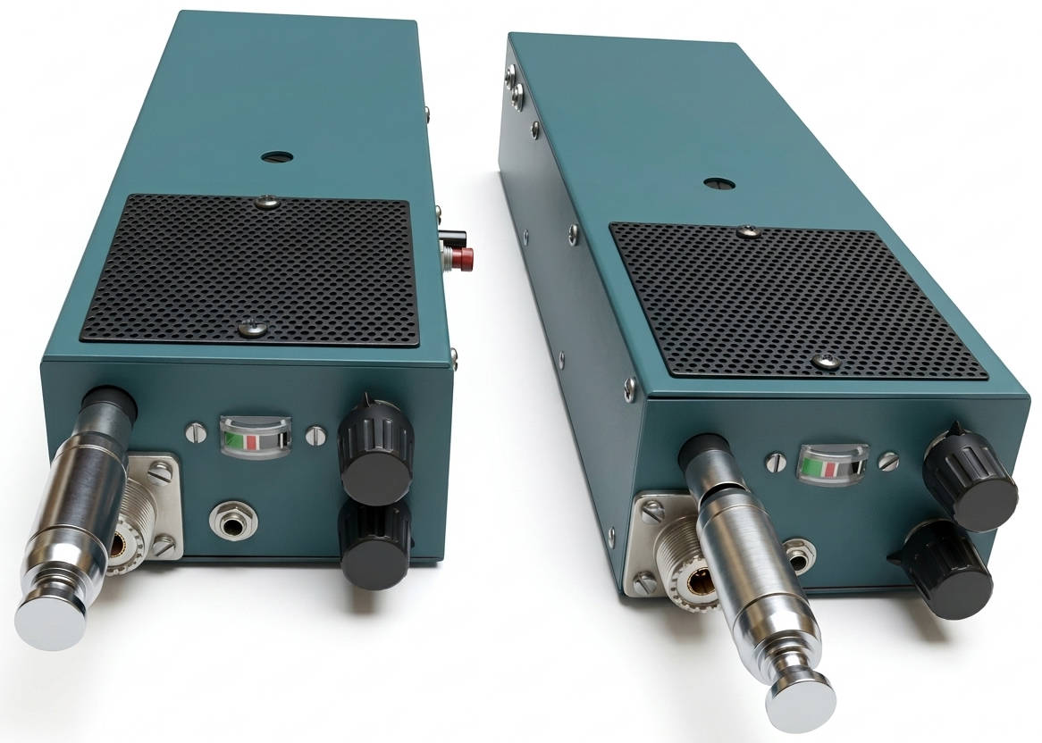 Blick auf die Bedienungspanles an der Oberseite von zwei Selbstbau-Handfunksprechgeräten