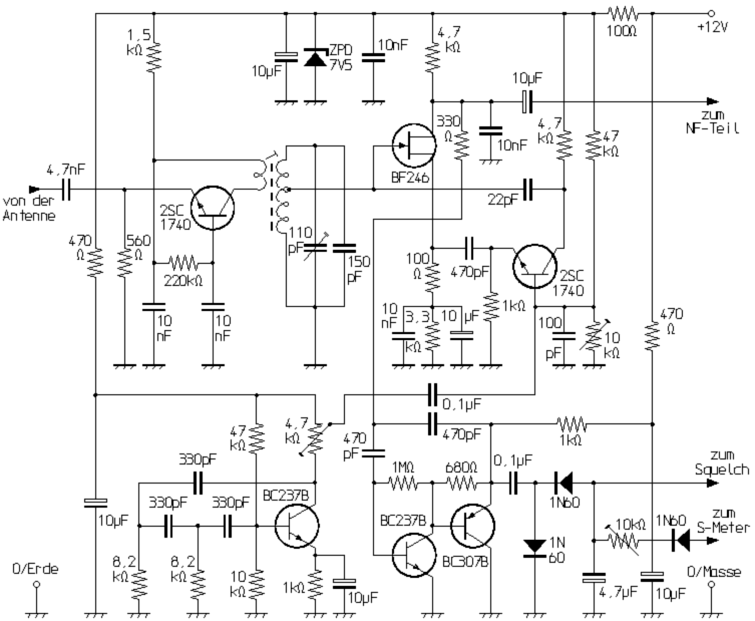 Schaltplan eines verbessserten Superregenerativ- bzw. Pendelempfängers mit Rauschsperre