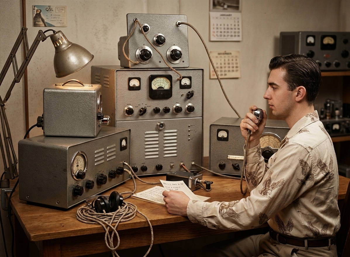 Bild von einer typischen Amateurfunkstation aus den 1950er Jahren, bestehend aus mehreren selbst gebauten Geräten, wie Sender, Modulator, Empfänger, Antennenkoppler, die gerade von einem Funkamateur im Sprechfunkbetrieb benutzt wird.