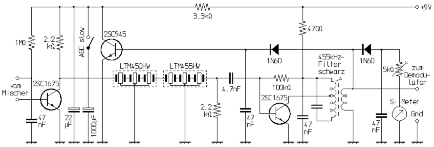 Schaltplan des 452,5-kHz-ZF-Verstärkers mit Keramikfiltern und Regelverstärker