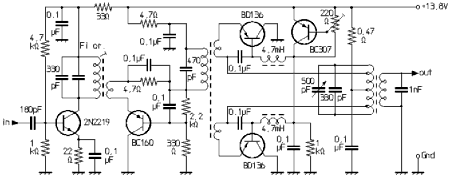 Schaltplan eines aus einem CW-Sender entstandenen Linearverstärkers für SSB-Sender