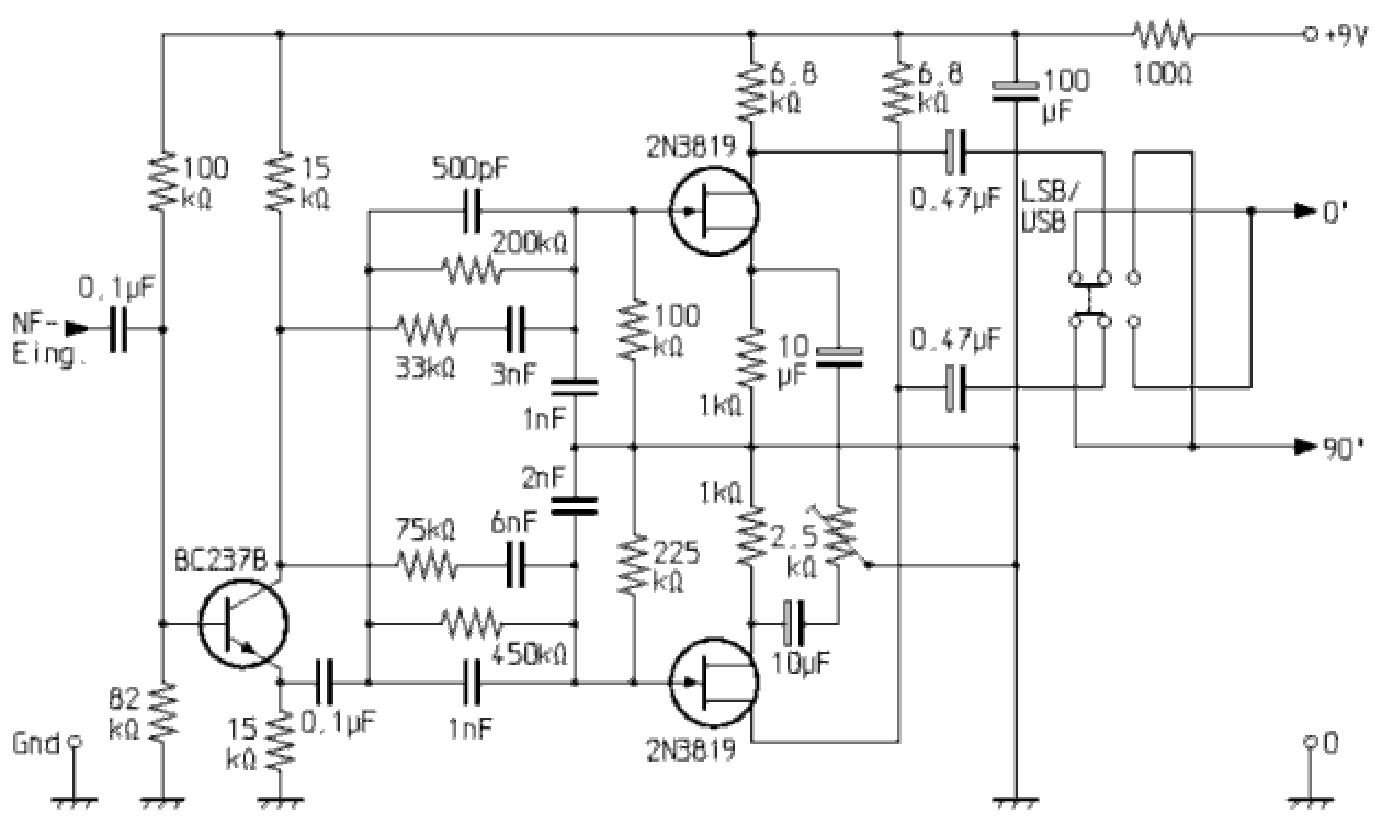 Schaltung für eine NF-Phasenverschiebung von 90 Grad über einen breiteren Frequenzbereich