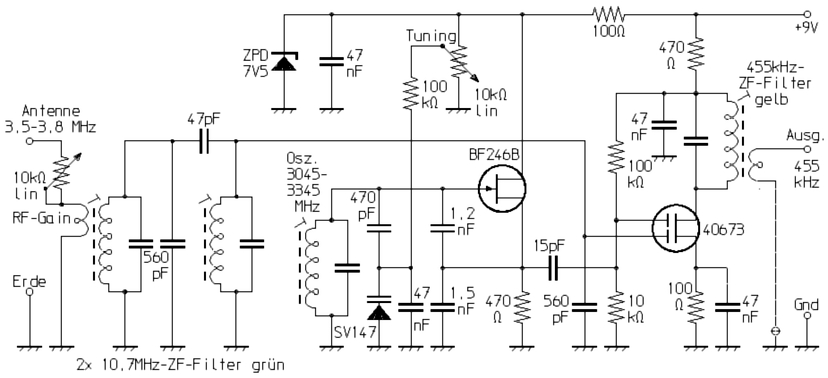 Schaltplan des 80m-Eingangsteils mit Dualgate-MOSFET-Mischer für den verbesserten 80m-Superhet