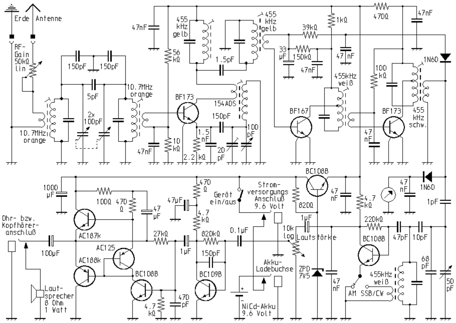 Gesamtschaltplan des 80m-Selbstbau-Superhets 'Lurch' für AM, CW und SSB