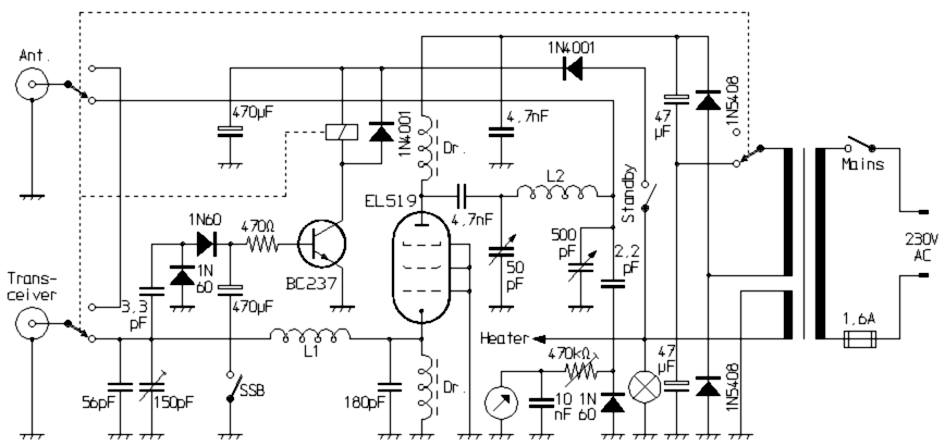 Schaltplan eines typischen Röhren-Leistungsverstärkers aus den 1970er Jahren zur Vergrößerung der Sendeleistung von CB-Funkgeräten.
