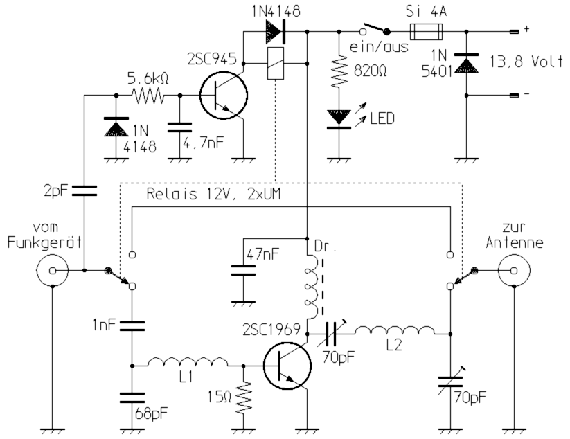 Schaltplan eines typischen Transistor-Leistungsverstärkers aus den 1970er Jahren zur Vergrößerung der Sendeleistung von CB-Funkgeräten.