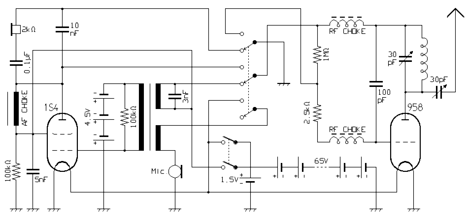 Schaltplan eines mit zwei Röhren arbeitenden Ultrakurzwellen-Selbstbautransceivers
