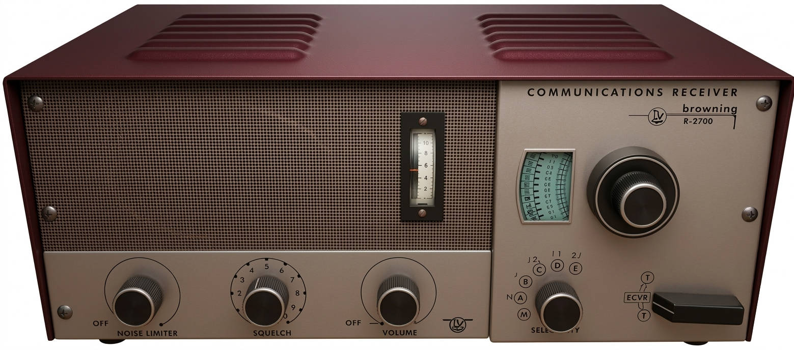 Frontansicht des röhrenbestückten CB-Funk-Empfängers Browning R-2700, mit dem sämtliche damaligen CB-Kanäle empfangen werden konnten