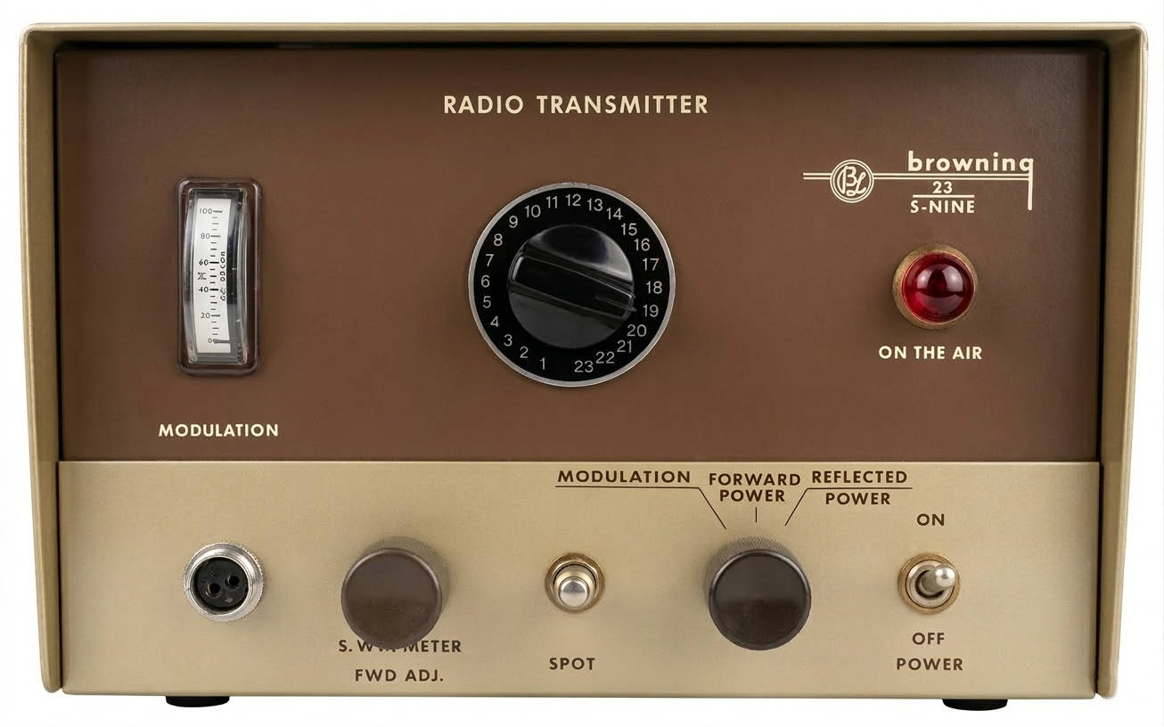 Frontansicht des zum R-2700 passenden Röhrensenders mit Quarzsteuerung für 23 Kanäle, um damit eine vollständige CB-Funkstation zu erhalten