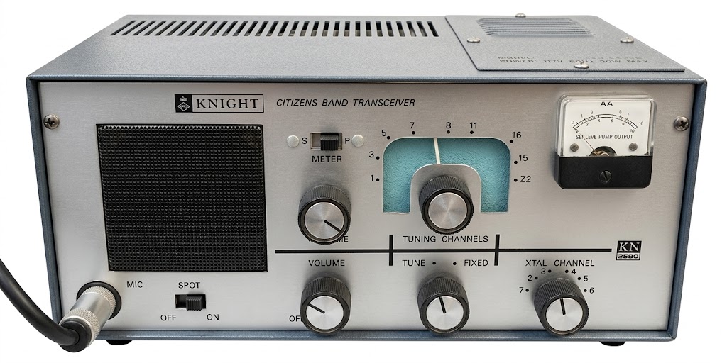 Frontansicht des röhrenbestückten CB-Funk-Stationsgerätes Knight 2500, das über einen durchstimmbaren Empfänger und einen 6-Kanal-Sender mit Quarzsteuerung verfügte
