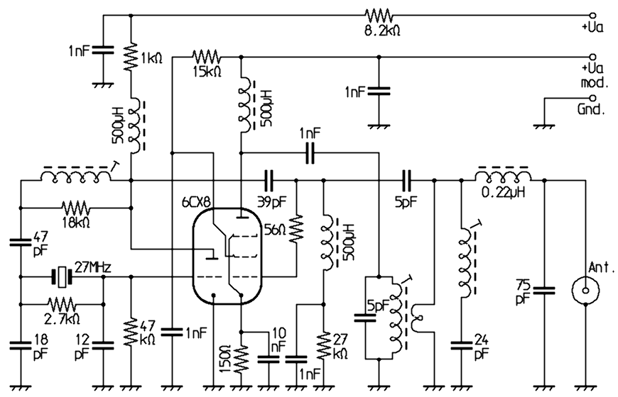 Schaltplan-Ausschnitt von einer röhrenbestückten CB-Funkstation, welcher den zweistufigen Sender mit einer Verbundröhre zeigt