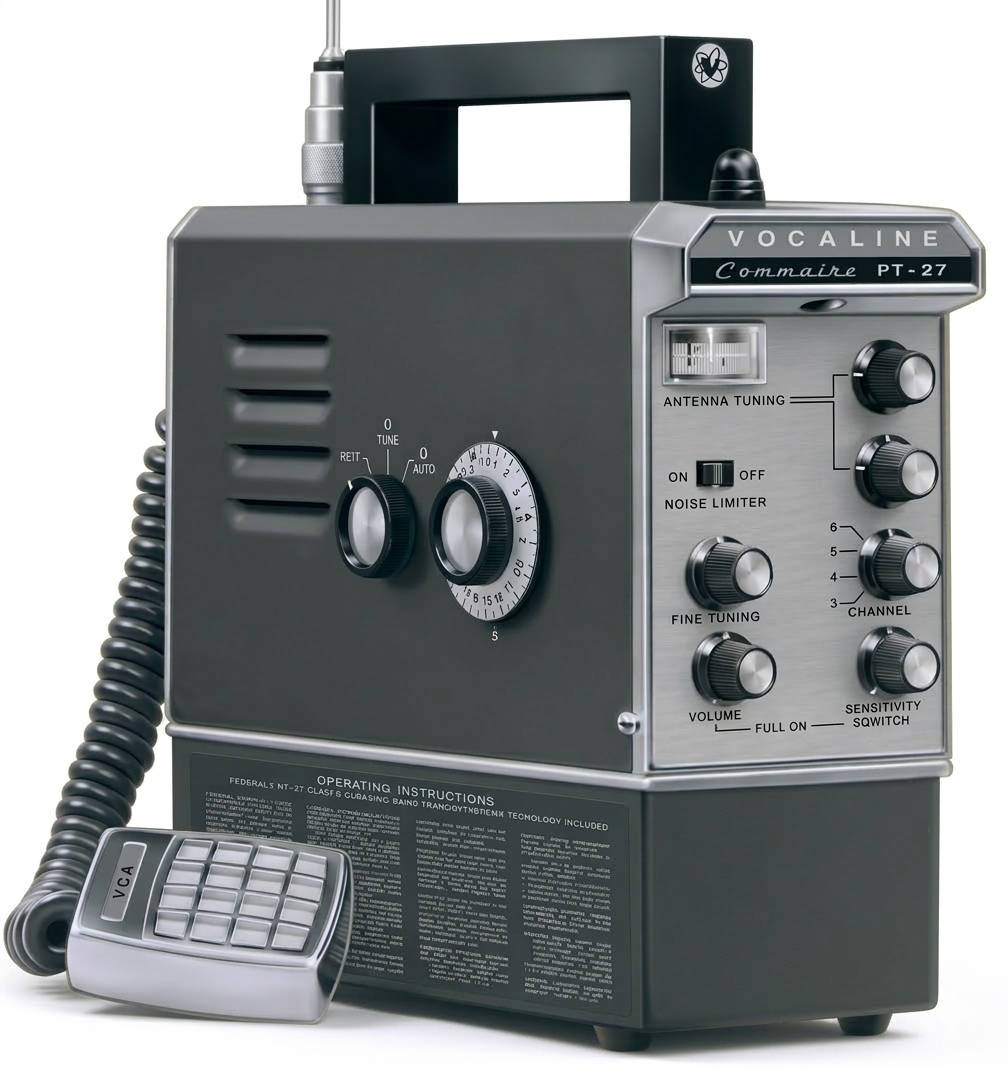 Abbildung des transportables CB-Funkgeräts Vocaline Commaire PT27 mit angeschlossenen PTT-Handmikrofon, welches mit Ausnahme des Sender volltransistorisiert war und das über einen AM-Rundfunk-Empfangsteil verfügte