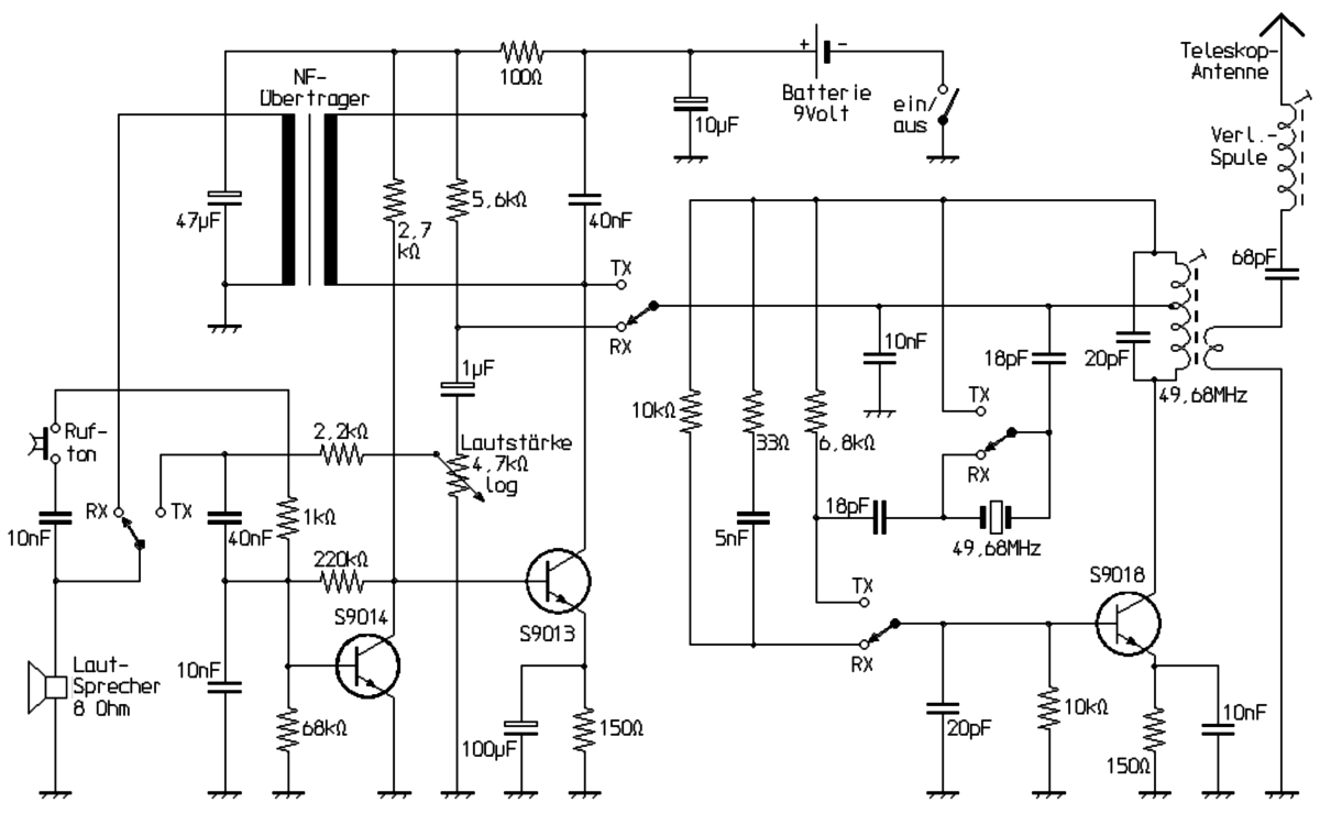 Schaltplan eines in den 1990er Jahren in Taiwan hergestellten Walkie-Talkies, das mit einem Pendelempfänger arbeitet