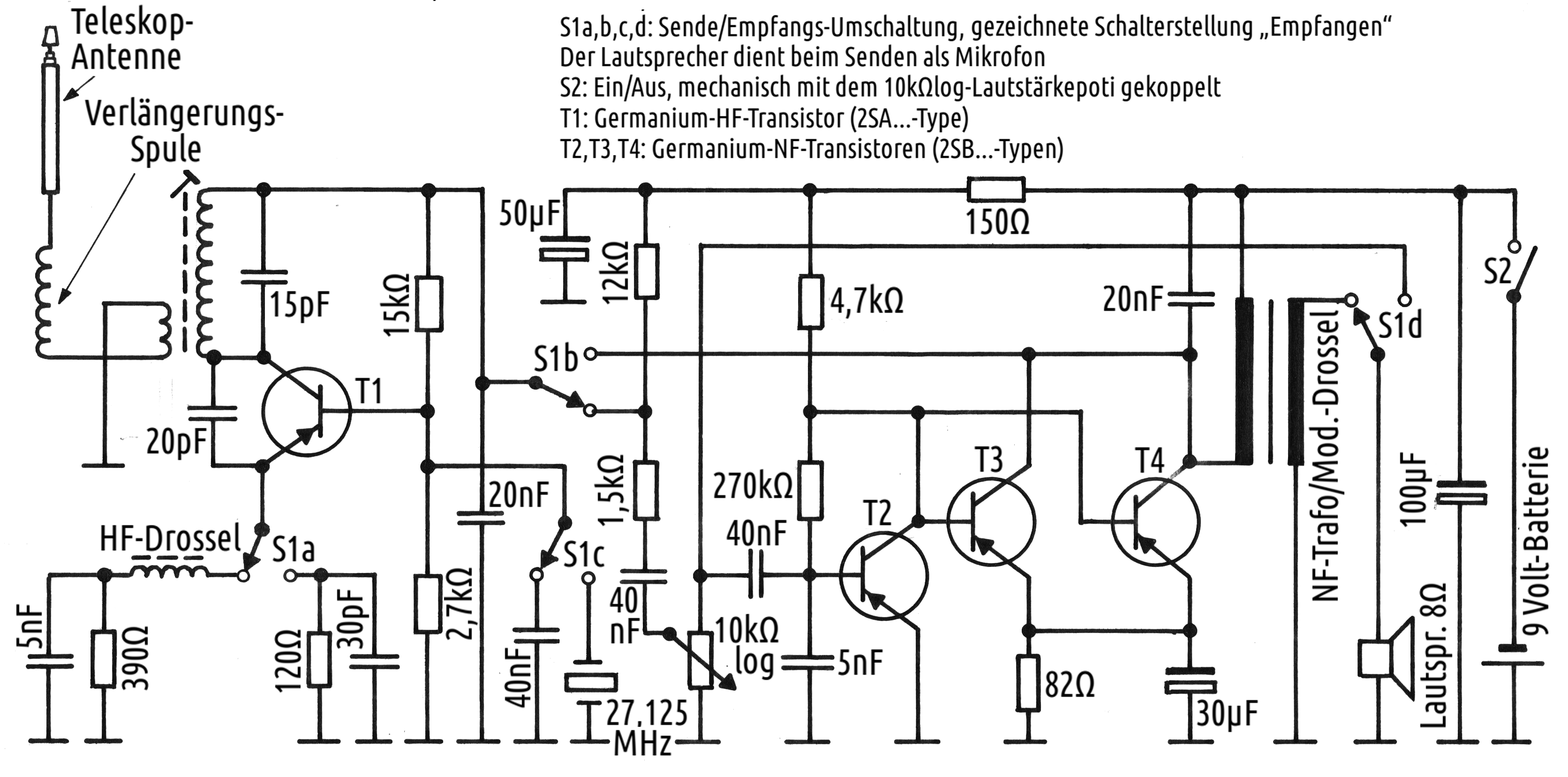 Schaltbild eines frühen Walkie-Talkies mit Germanium-Transistoren, bei dem ein Transistor als umschaltbarer Pendelempfänger / Sender diente