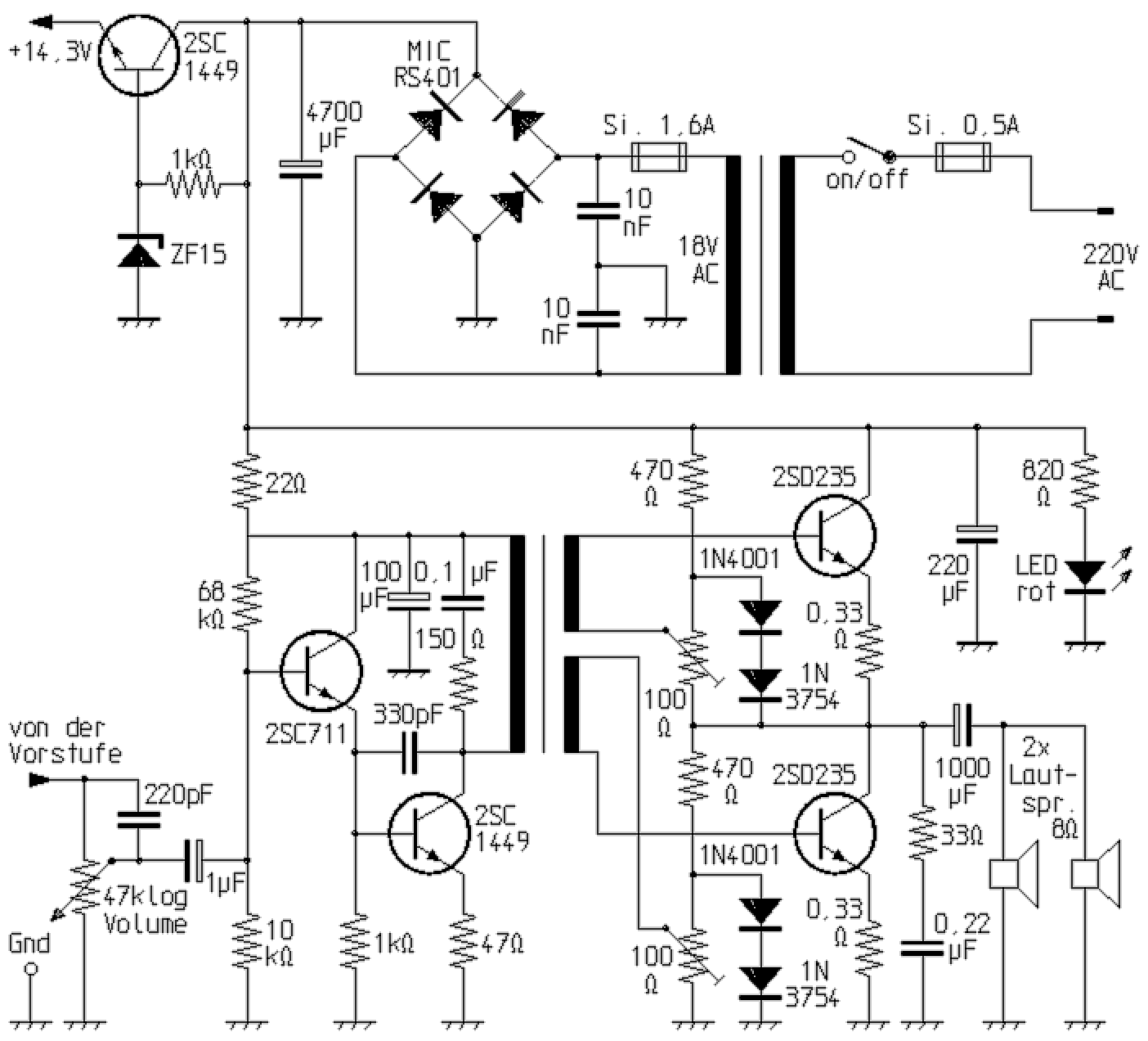 Schaltplan des Gegentakt-Endverstärkers und des Netzteils