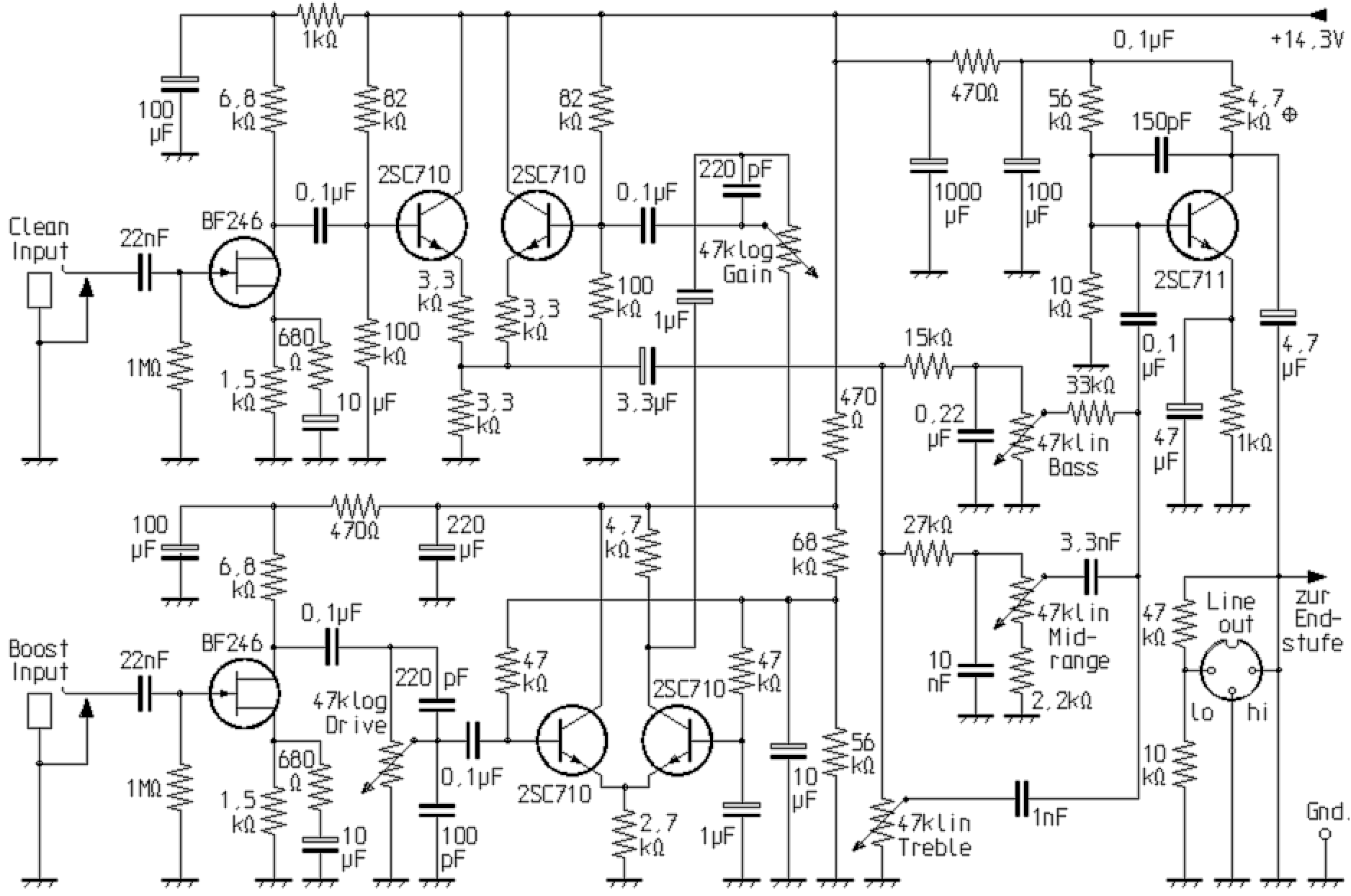 Schaltplan des Vorverstärkers mit Clean- und Boost-Kanal